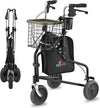 NOVA Traveler Folding 3-Wheel Walker with Tray, Basket, Pouch & Cup Holder, Lightweight Mobility Aid for Seniors & Adults, 8” All-Terrain Wheels for Tight Spaces & Travel, Black