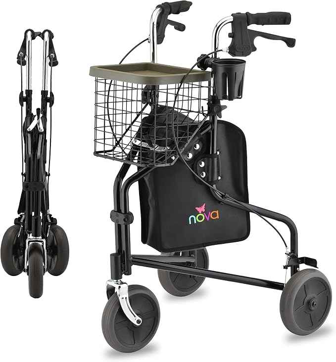 NOVA Traveler Folding 3-Wheel Walker with Tray, Basket, Pouch & Cup Holder, Lightweight Mobility Aid for Seniors & Adults, 8” All-Terrain Wheels for Tight Spaces & Travel, Black
