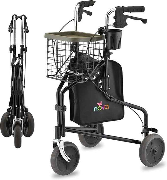 NOVA Traveler Folding 3-Wheel Walker with Tray, Basket, Pouch & Cup Holder, Lightweight Mobility Aid for Seniors & Adults, 8” All-Terrain Wheels for Tight Spaces & Travel, Black