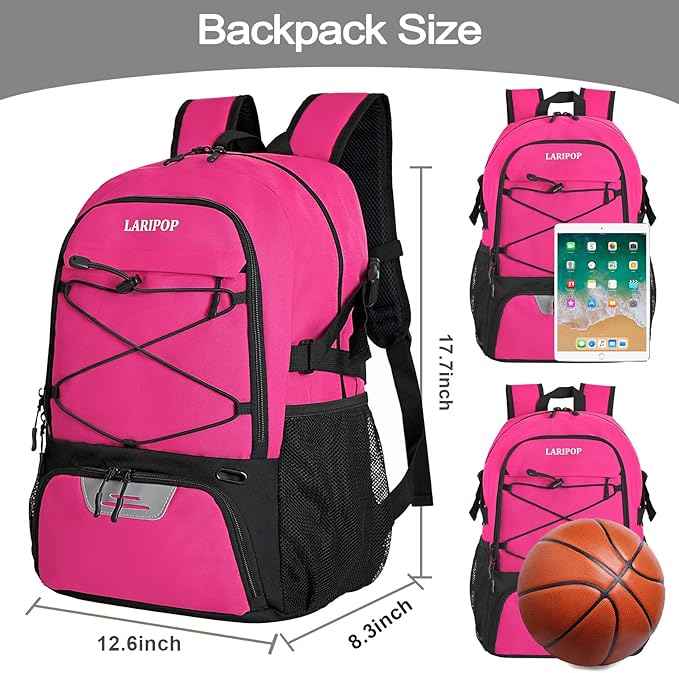 LARIPOP Basketball Bag, Sports Backpack with Ball Holder & Shoe Compartment, Water Resistant Gym Bag for Soccer Volleyball Travel
