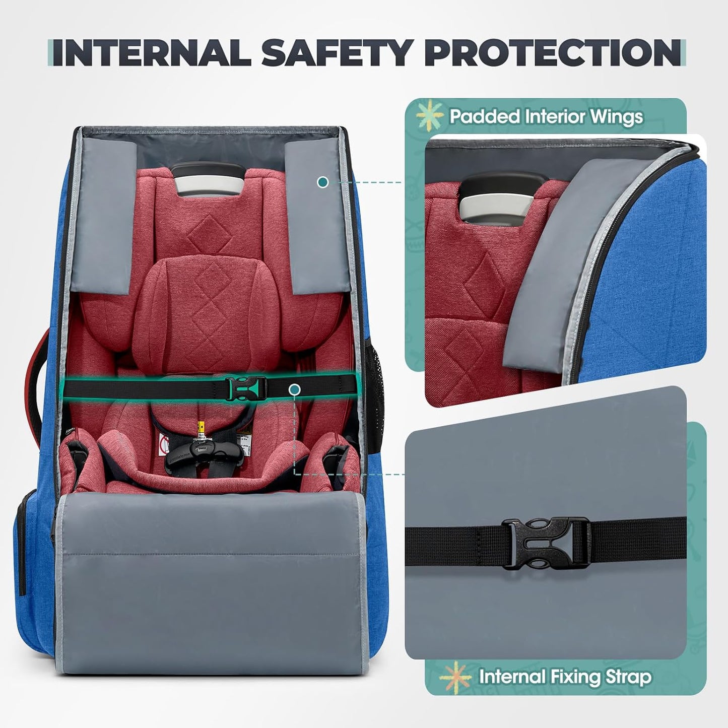 RAINSMORE Padded Car Seat Travel Bag for Airplane Heavy Duty Car Seat Backpack for Air Travel Baby Carseat Cover Bags for Airport Large Car Seats Carrier Fits Car Seats & Booster Seats,Blue
