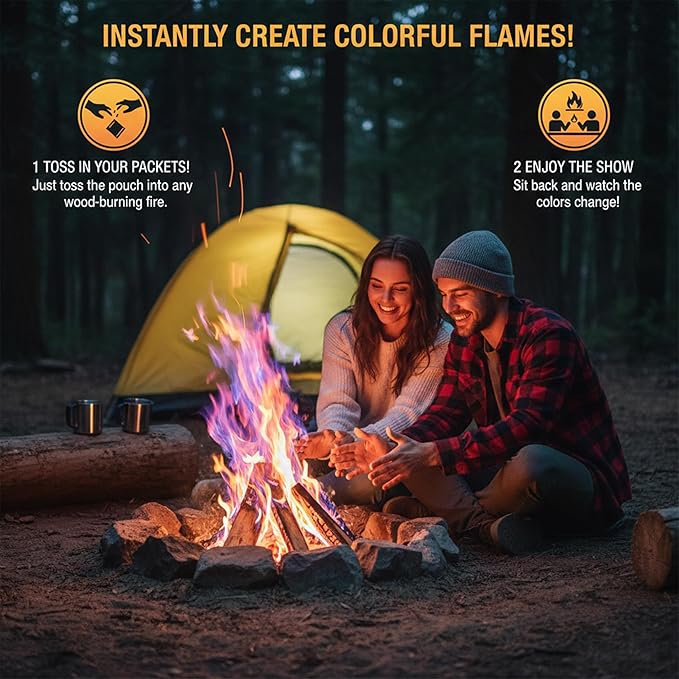 Magic Campfire Fire Color Changing Packets for Fire Pit (25 Pack) Outdoor Fireplaces & Bonfires, Rainbow Colored Flames – Perfect Camping Essential & Accessories for Kids & Adults - Campfire Flames