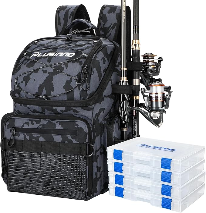 PLUSINNO Cooler Fishing Backpack with Rod Holders 45L Large Water-resistant Fishing Tackle bag Store Fishing Gear Fishing Gifts for Men Father, Sport Bags