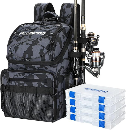 PLUSINNO Cooler Fishing Backpack with Rod Holders 45L Large Water-resistant Fishing Tackle bag Store Fishing Gear Fishing Gifts for Men Father, Sport Bags