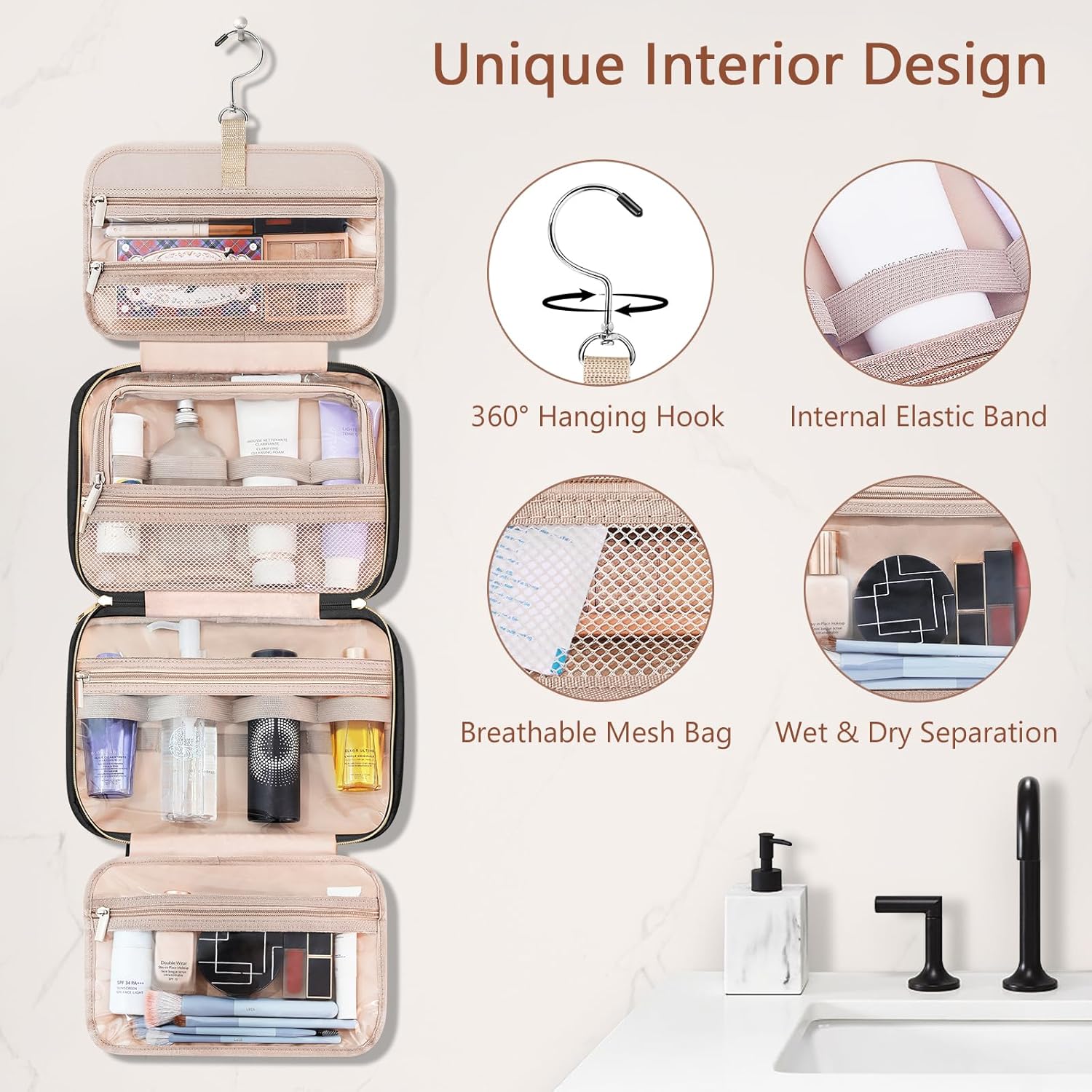 Wedama Toiletry Bag for Women, Hanging Travel Toiletry Bag with Jewelry Organizer Compartment Medium Makeup Bag, PVC Waterproof Cosmetic Travel Bag Trips Camping Bathroom, Black+Brown - Roamly