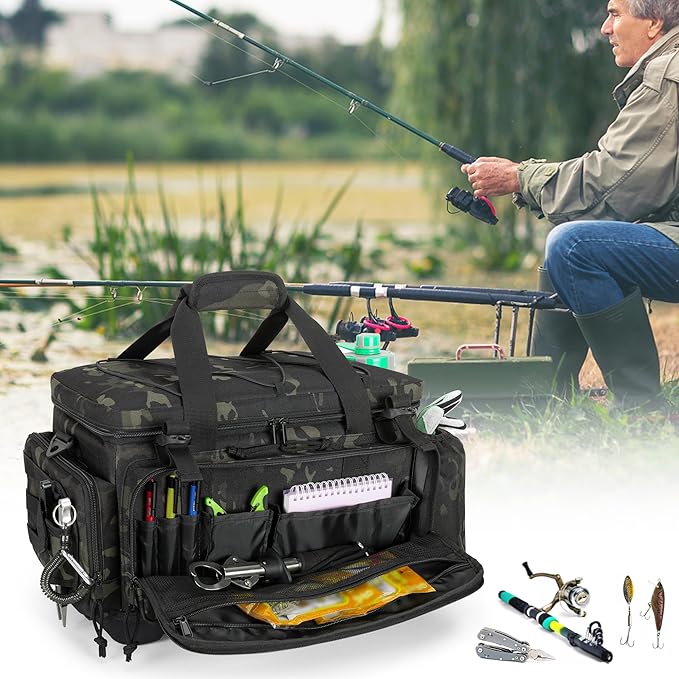 GOBUROS Waterproof Fishing Tackle Bag with Waterproof EVA Bottom (No Tackle Boxes in Package), Soft Tackle Box Storage Bag with Rod Holder, Pliers Storage for Fishing
