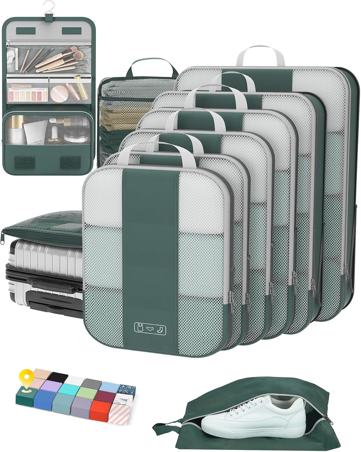 10 Set Compression Packing Cubes for Travel Essentials,Compressible Expandable Packing Cubes for Suitcase,OlarHike Luggage Organizer Bags for Travel,Handy Helper for Organizing Clothes(Dark Green) - Roamly