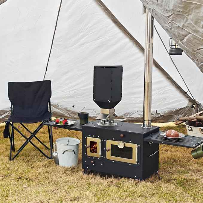 Large Outdoor Camping Cooking Stove with Oven Portable Hot Tent Stove with Pellet Bin Burner Chimney