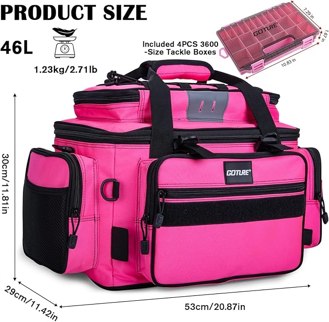 Goture Fishing Tackle Bag with 4pcs 3600 Tackle Boxes, 600D Water-Resistant Soft Side Saltwater Gear Storage Fishing Bag with Rod Straps, Detachable Water Bottle Pouch, Waterproof Bottom, SBS Zippers