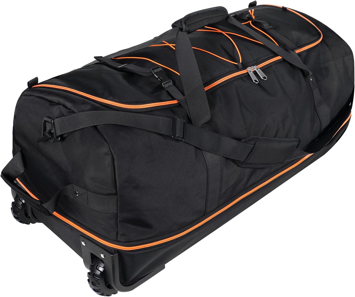 110L/140L Expandable Soft-Sided Foldable Duffle Bag with 2 Rubber Wheels,Packable 32” Rolling Carry-On with Multi-Pockets & Compartments,Black Orange - Roamly