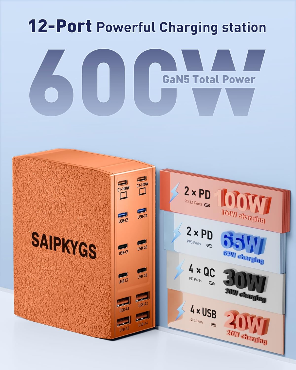USB Charging Station (600W),12-Port USB C Charger Block with Dual 100W PD USB-C Fast Charging Station Hub for MacBook Pro/Air/All iPad Phone 17/16 15/14/13/Pro Max/Samsung Galaxy Note(Orange) - Roamly