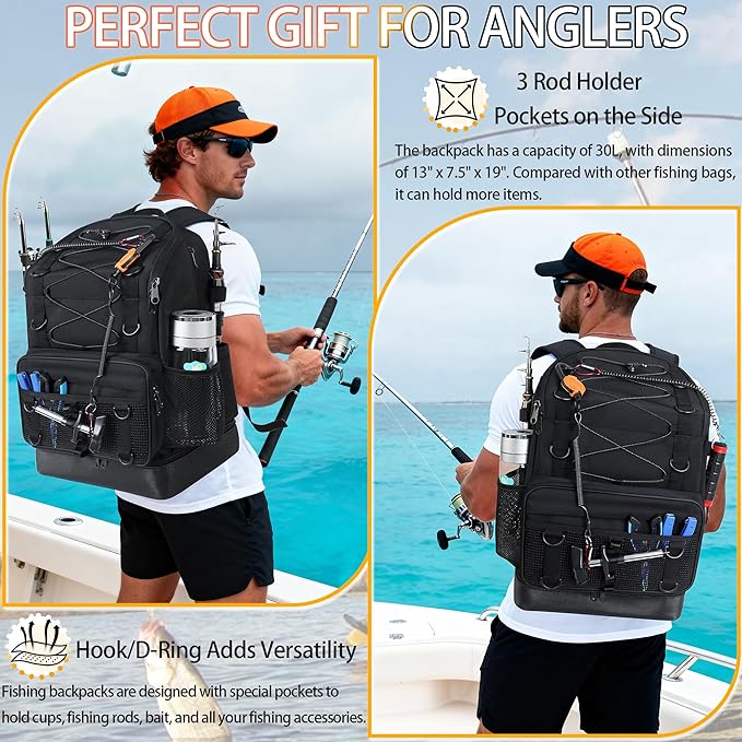 Fishing Backpack with Rod Holder, Heavy Duty Fishing Bag with Waterproof Bottom, Tackle Backpack Gifts for Man Woman-Black