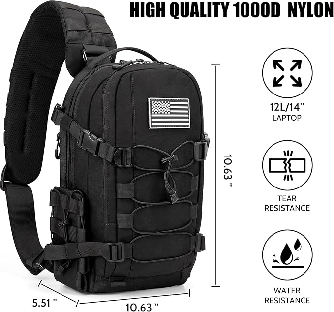 Jueachy Tactical Sling Bag for Men: Everyday Carry Gear 12L EDC CCW Concealed Carry Sling Bag 2-in-1 Shoulder Bag Backpack