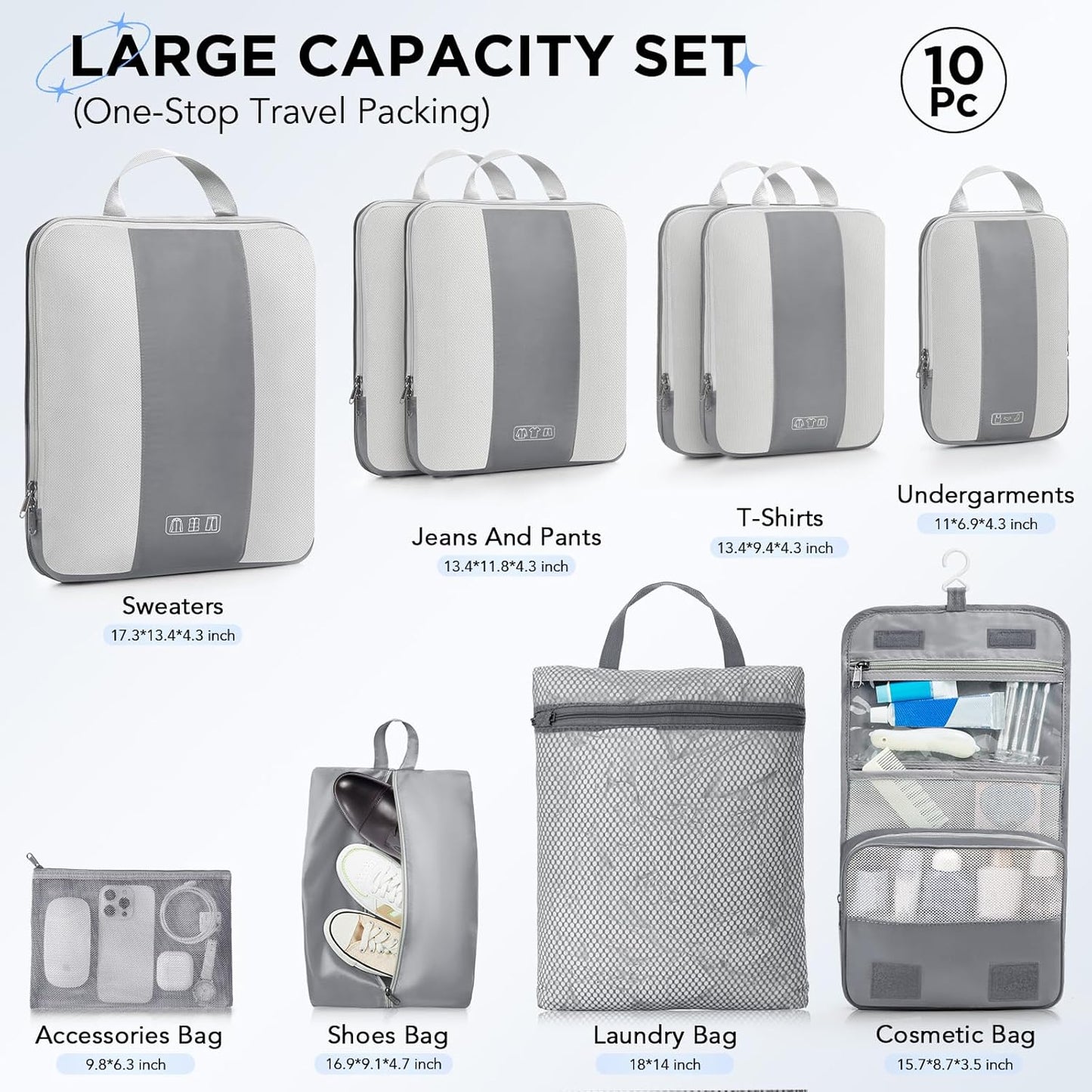 10 Set Compression Packing Cubes for Travel Essentials,Compressible Expandable Packing Cubes for Suitcase,OlarHike Luggage Organizer Bags for Travel,Handy Helper for Organizing Clothes(Gray) - Roamly
