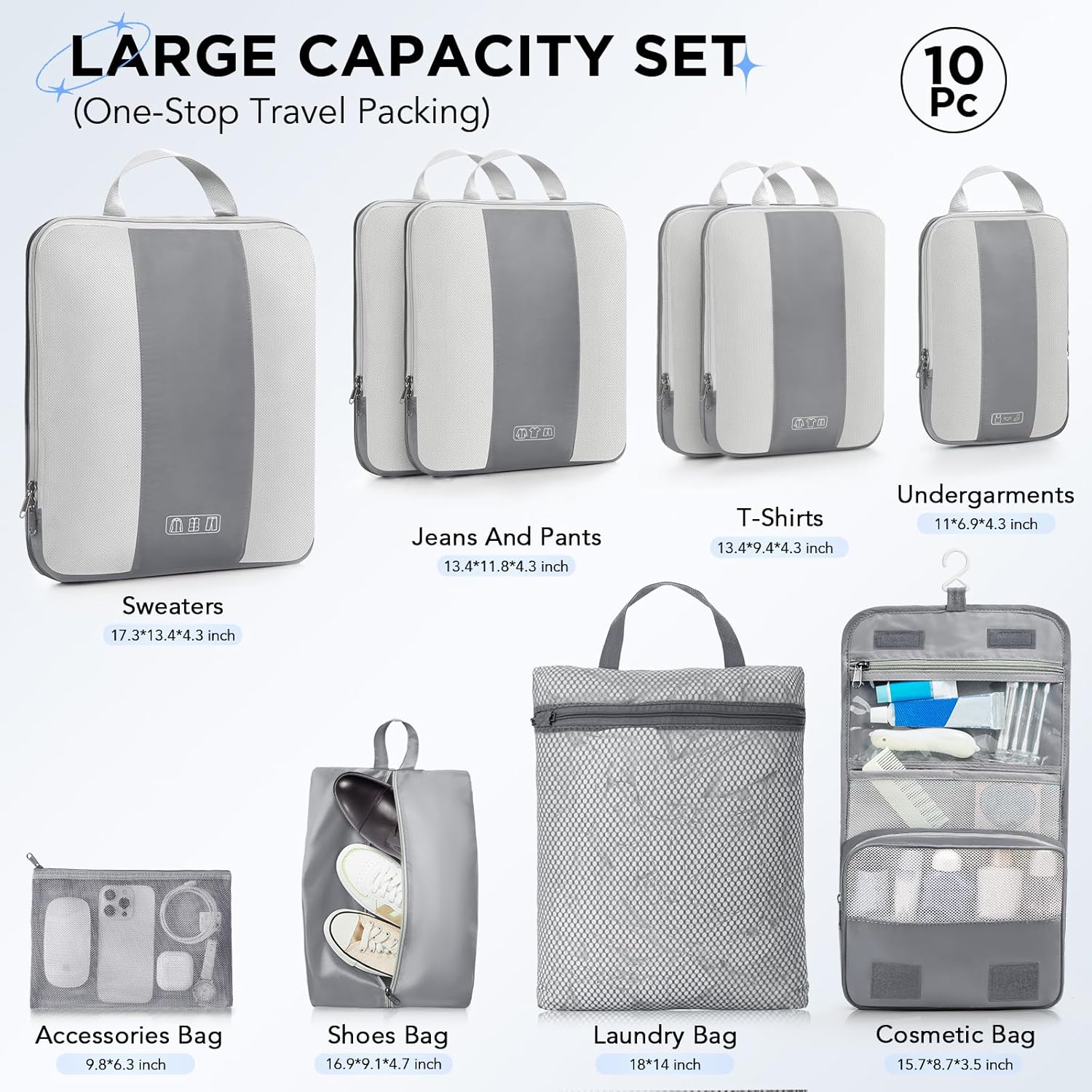 10 Set Compression Packing Cubes for Travel Essentials,Compressible Expandable Packing Cubes for Suitcase,OlarHike Luggage Organizer Bags for Travel,Handy Helper for Organizing Clothes(Gray) - Roamly