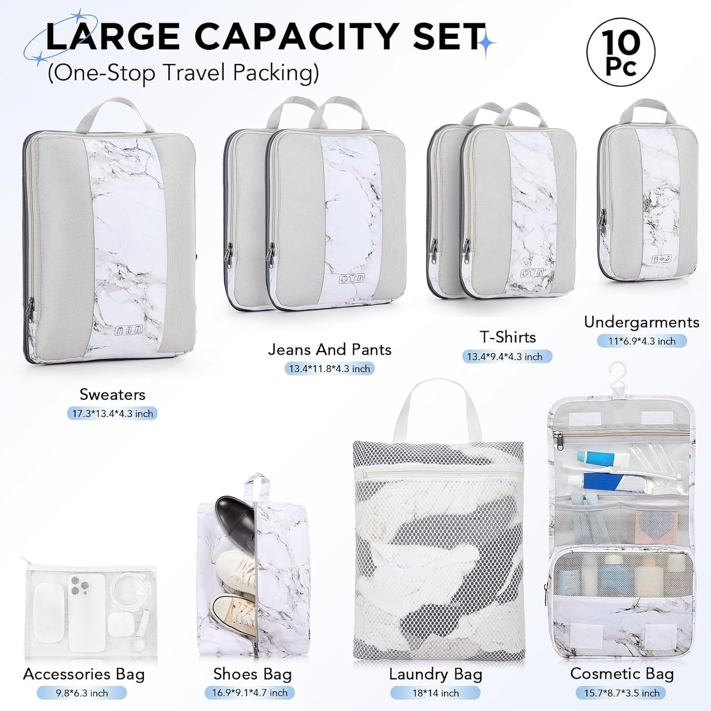 10 Set Compression Packing Cubes for Travel Essentials,Compressible Expandable Packing Cubes for Suitcase,OlarHike Luggage Organizer Bags for Travel,Handy Helper for Organizing Clothes(White Marble) - Roamly