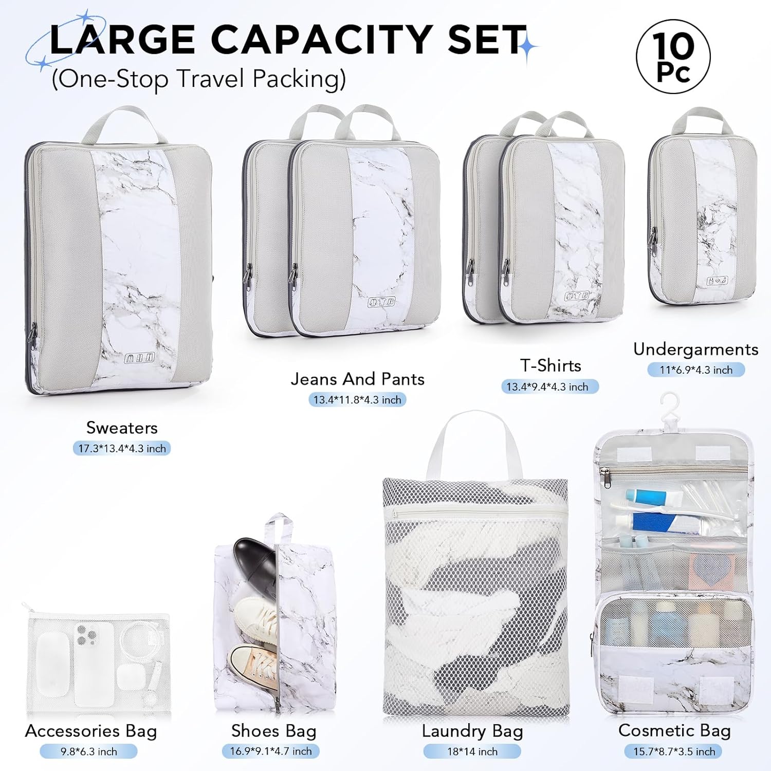 10 Set Compression Packing Cubes for Travel Essentials,Compressible Expandable Packing Cubes for Suitcase,OlarHike Luggage Organizer Bags for Travel,Handy Helper for Organizing Clothes(White Marble) - Roamly