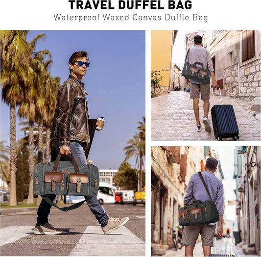 Wildroad 50L Travel Duffel Bag, Expandable Waxed Canvas Genuine Leather Duffle Bag Upgraded Overnight Weekender Bag Carry on Bag (Vintage Black, Large-50L) - Roamly