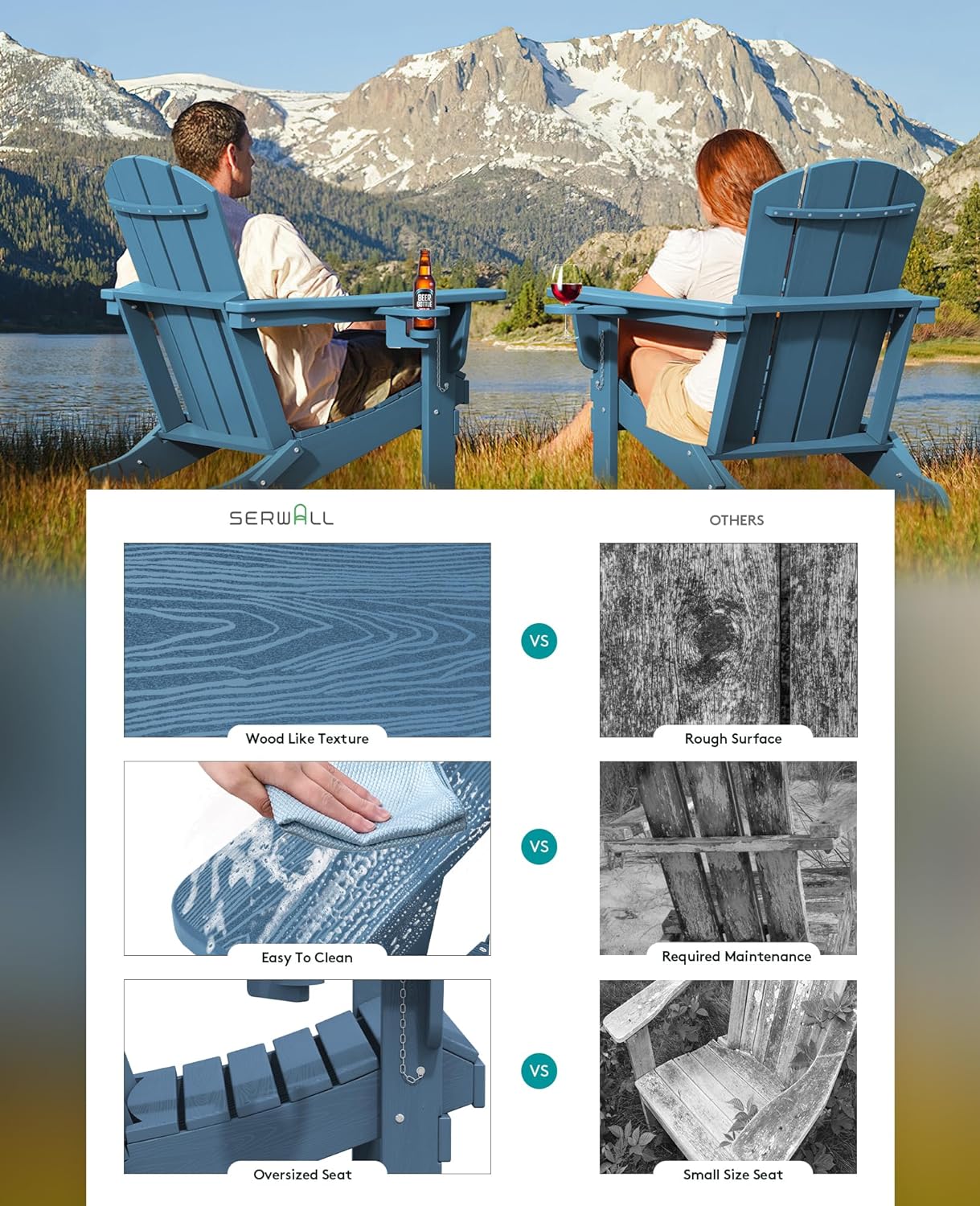 SERWALL Folding Adirondack Chair, HDPE Adirondack Chairs Set of 6, Plastic Outdoor Chairs- Looks Exactly Like Real Wood- Navy