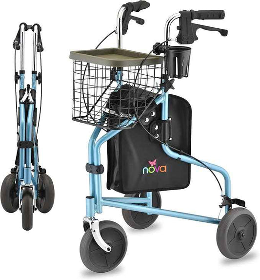 NOVA Traveler Folding 3-Wheel Walker with Tray, Basket, Pouch & Cup Holder, Lightweight Mobility Aid for Seniors & Adults, 8” All-Terrain Wheels for Tight Spaces & Travel, Sky Blue