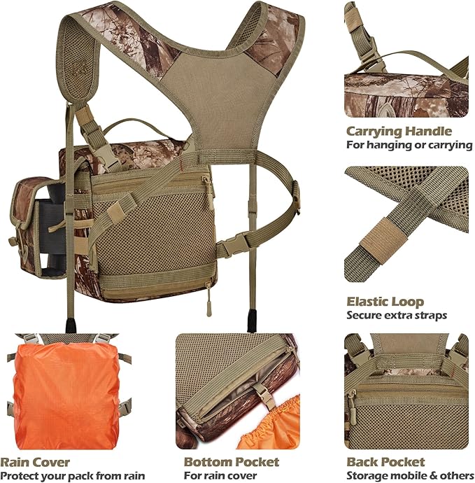 NEW VIEW Bino Packs for Hunting - Binocular Straps Harness Chest Pack with Detachable Rangefinder Pouch, Adjustable Camo Binos Harness & Rain Cover - Ideal for Bow Hunter- Large