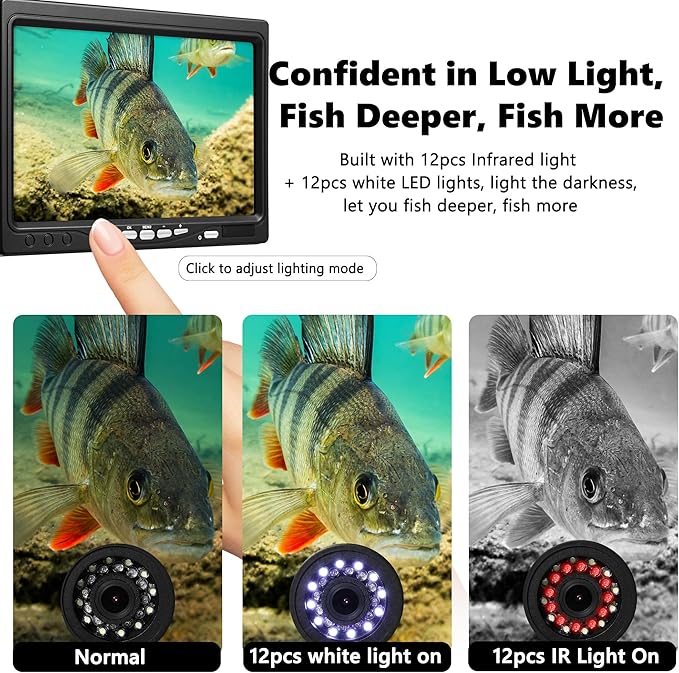 Underwater Fishing Camera FishPRO® HD720P - w/DVR-External 32GB Card, 7'' Ice Fishing Camera [Aluminum Box], Fish Finder Ice Fishing Gifts for Men, 12pcs IR +12pcs LED, 4,500mAh Li-Battery, 65ft Cable