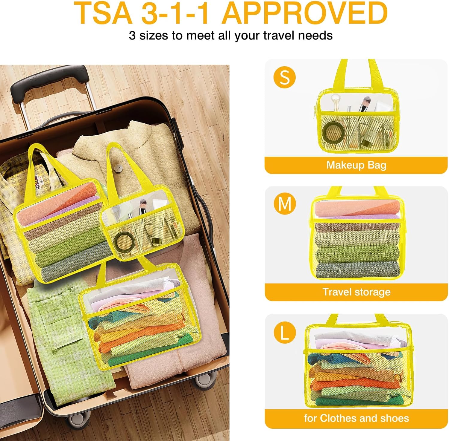 XEWEA Clear Travel Toiletry Bags, 3 Pack TSA Approved Transparent Makeup Bag for Men Women,Large Waterproof PVC Quart Organizer Kit with Zipper for Toiletries Airline Essential,Toy Pouch Yellow - Roamly