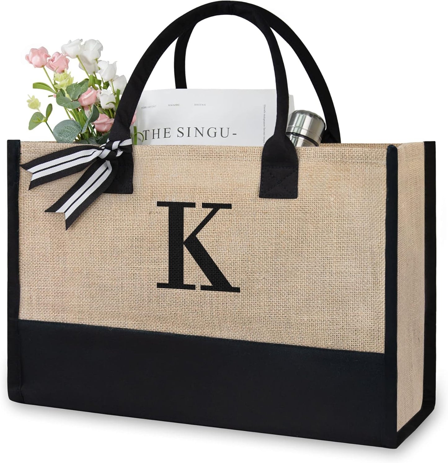 TOPDesign Initial Jute/Canvas Tote Bag, Personalized Present Bag, Suitable for Wedding, Birthday, Beach, Holiday, is a Great Gift for Women, Mom, Teachers, Friends, Bridesmaids (Letter K) - Roamly
