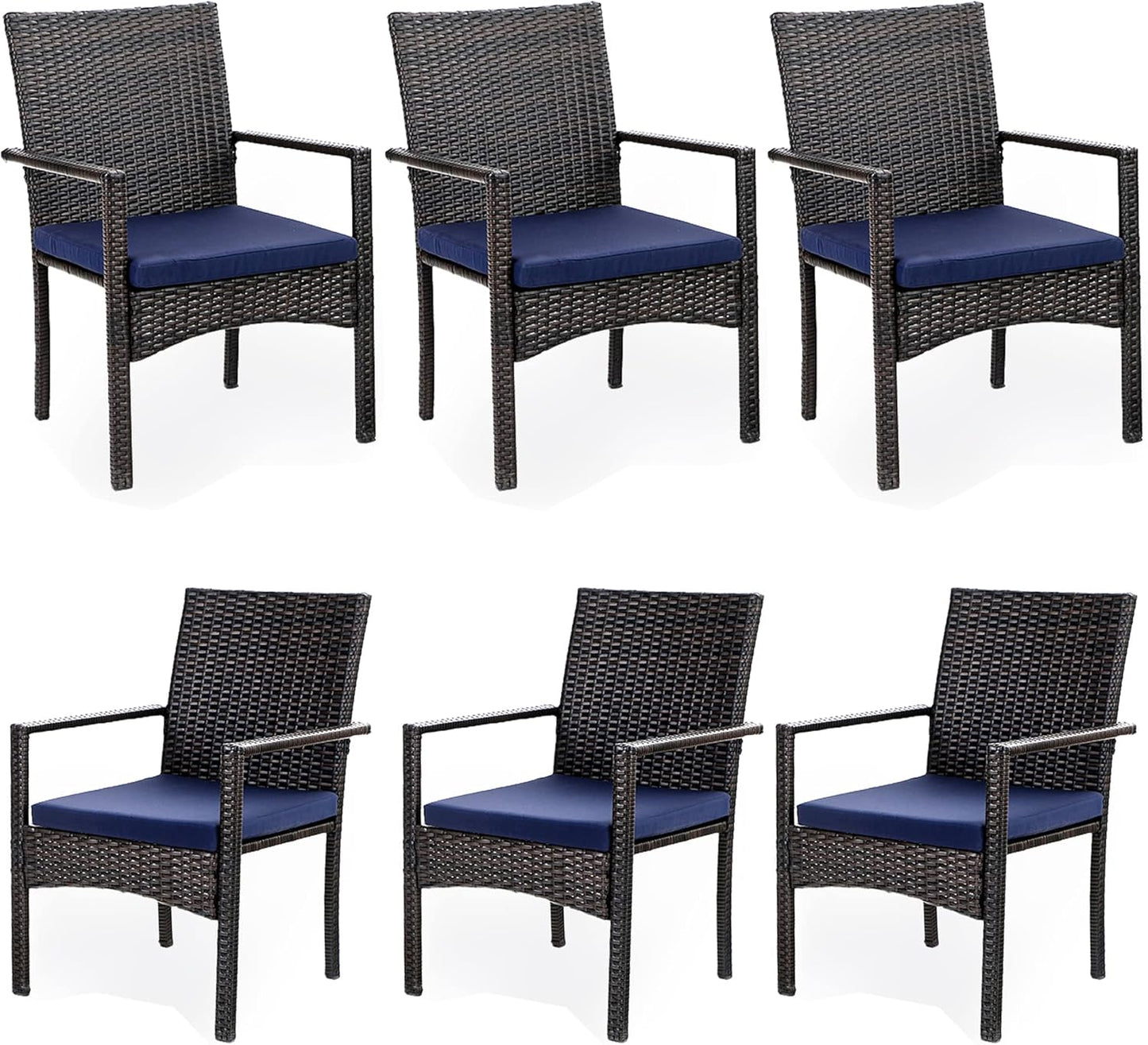 PHI VILLA Outdoor Rattan Dining Chairs Set of 6, Modern Wicker Armchair with Cushions for Patio, Deck, Yard, Porch - Brown