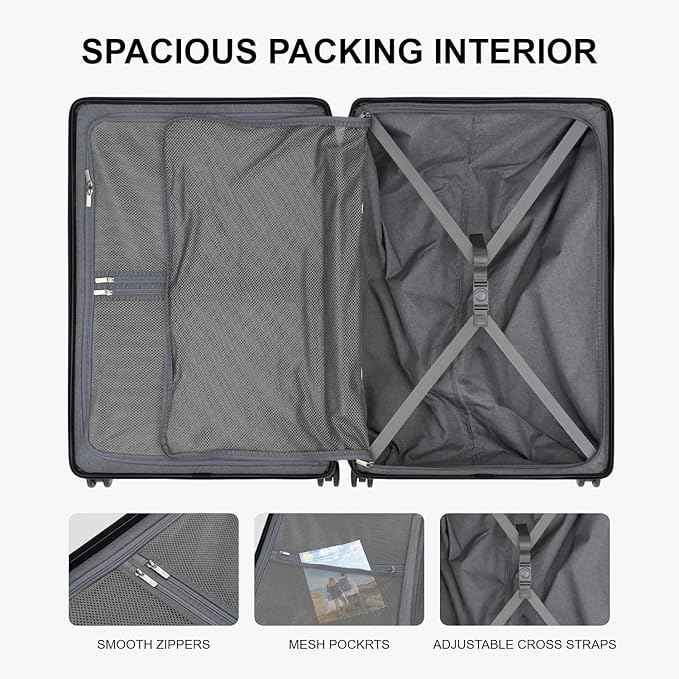 LEVEL8 Checked Luggage, Large Hardside Suitcases with Wheels 28 Inch Luggage, Luminous Textured Lightweight Hard Shell Suitcases Locks Tsa Approved, Black