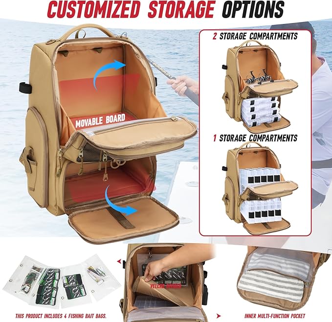 Fishing Tackle Backpack,Tackle Bag with 2 Rod Holders,Water-Resistant Large Storage Fishing Gear and Equipment (B-Khaki with 4 Tackle Boxes)