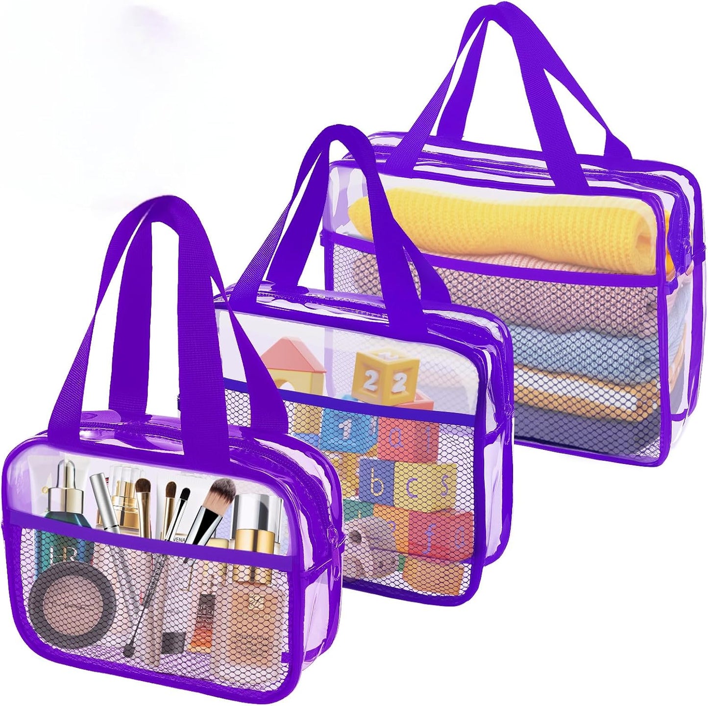 XEWEA Clear Travel Toiletry Bags, 3 Pack TSA Approved Transparent Makeup Bag for Men Women, Large Waterproof PVC Quart Organizer with Zipper for Toiletries Airline Essential,Toy Storage Pouch Purple - Roamly