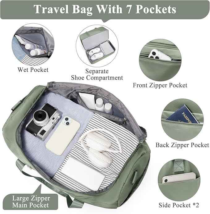 Large Travel Duffle Bag,Carry on Overnight Weekend Bag with Shoes Compartment,Weekender Bags for Women for Travel Business Trips Sport Hospital,3 Pcs Set,Olive Green