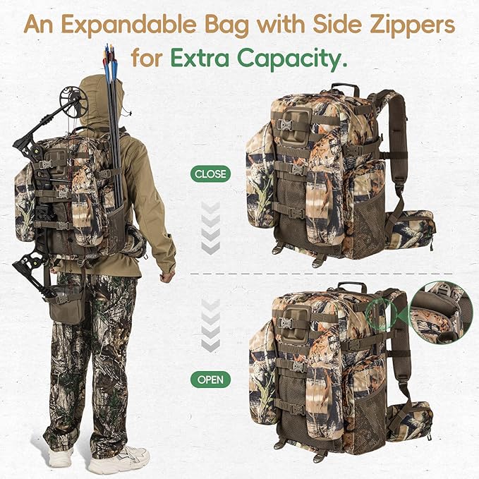 BLISSWILL Upgraded Hunting Backpack,With Padded Weapon Compartment for Bow Rifle，For Deer and Elk Hunting，Hunting bag with Rain Cover(Forest Floor)
