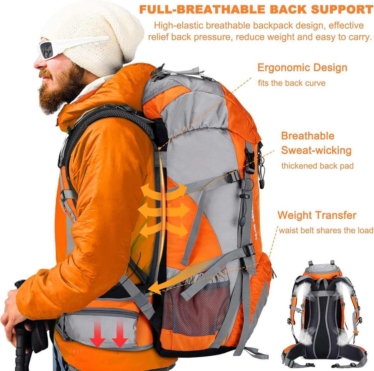 Loowoko 50L Hiking Backpack, Waterproof Camping Essentials Bag with Rain Cover, 45+5 Liter Lightweight Backpacking Back Pack - Roamly