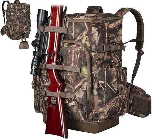 Hunting Backpack with Waterproof Rain Cover, Self Standing Hard Bottom, 50L Camo Hunting Day Pack for Bow Rifle Gun
