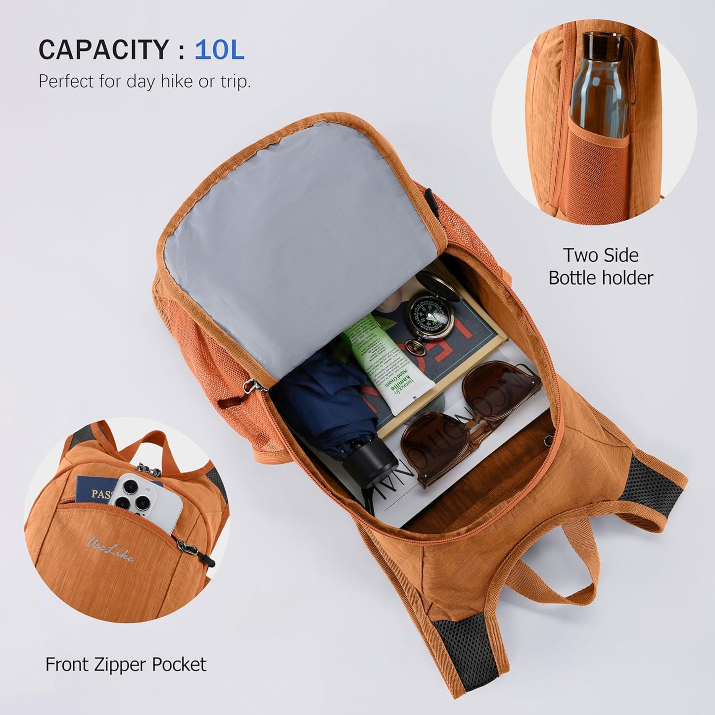 10L Small Hiking Backpack Travel Daypack Lightweight Packable Back Pack for Women Men(Orange) - Roamly