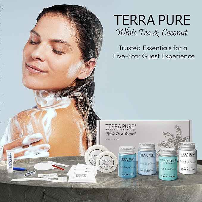 Terra Pure White Tea & Coconut Amenity & Accessory Kit |1oz Travel Size Shampoo, Conditioner, Lotion, Body Wash, 2 Cleansing Bars, Shave & Dental Sets, Make-Up Remover Wipes, & Vanity Kit | 60 Boxes