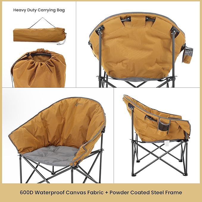 ARROWHEAD OUTDOOR Oversized Heavy-Duty Club Folding Camping Chair with Pocket, Cup Holder, Portable, Padded, Moon, Round, Saucer, Supports 330lbs, Carrying Bag