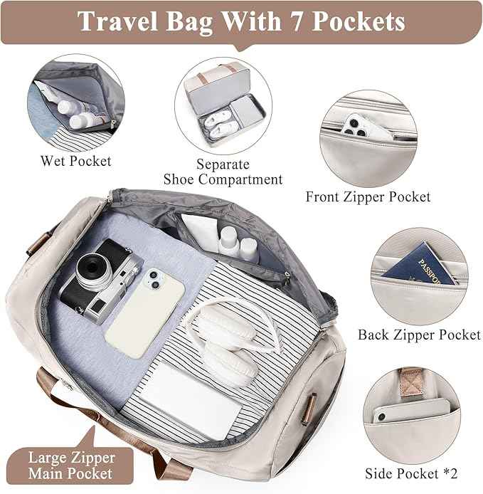 Extra Large Travel Duffle Bag,Carry on Overnight Weekend Bag with Shoes Compartment,Weekender Bags for Women for Travel Business Trips Sport Hospital,3 Pcs Set,Beige & Brown