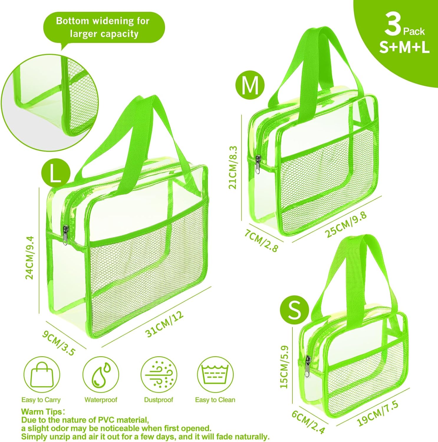 XEWEA Clear Travel Toiletry Bags, 3 Pack TSA Approved Transparent Makeup Bag for Men Women, Large Waterproof PVC Quart Organizer with Zipper for Toiletries Airline Essential,Toy Storage Pouch Green - Roamly