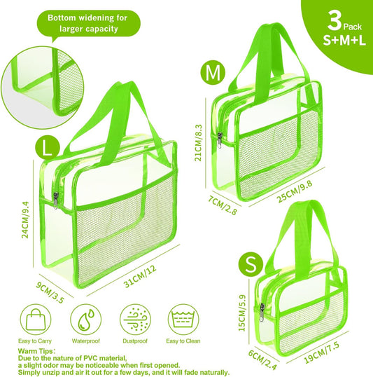 XEWEA Clear Travel Toiletry Bags, 3 Pack TSA Approved Transparent Makeup Bag for Men Women, Large Waterproof PVC Quart Organizer with Zipper for Toiletries Airline Essential,Toy Storage Pouch Green - Roamly