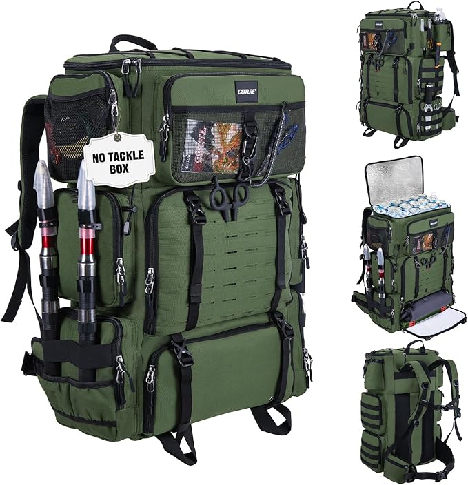Goture Fishing Backpack with Cooler,72L Large 600D Tackle Backpack with Rod Holders,Dry & Wet Split Compartment,Adjustable Main Compartment,Rain Cover,Insulated Tactical Bag for Travel Camping Hiking