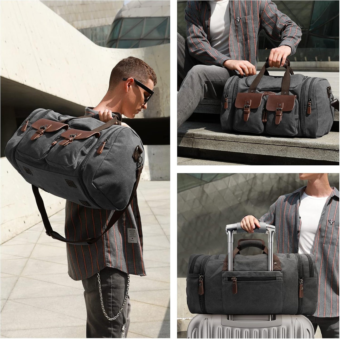 Wildroad 50L Travel Duffel Bag, Expandable Canvas Genuine Leather Duffle Bag Upgraded Overnight Weekender Carry on Bag - Roamly