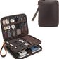 LANNSYNE Full Grain Leather Travel Cable Accessories Bag, Electronic Organizer Carry Case Double Layer Storage Case for Cables, Charger, Phone, Power Bank