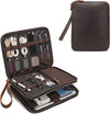 LANNSYNE Full Grain Leather Travel Cable Accessories Bag, Electronic Organizer Carry Case Double Layer Storage Case for Cables, Charger, Phone, Power Bank