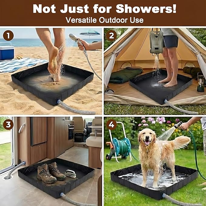 Upgraded Portable Shower Pan 41" x 41" x 5", Foldable Camping Shower Base with Waterproof Storage Bag, Dual Drain Holes, for RV Camping Outdoor Indoor & Portable Showers