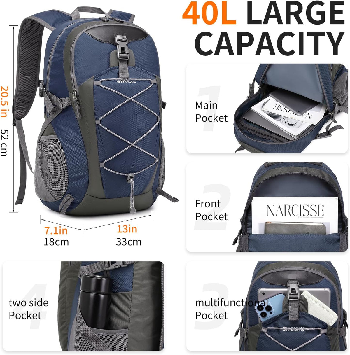 40L Hiking Backpack Lightweight Daypack Waterproof Travel Camping Backpack for Men Women Sport Packable - Roamly
