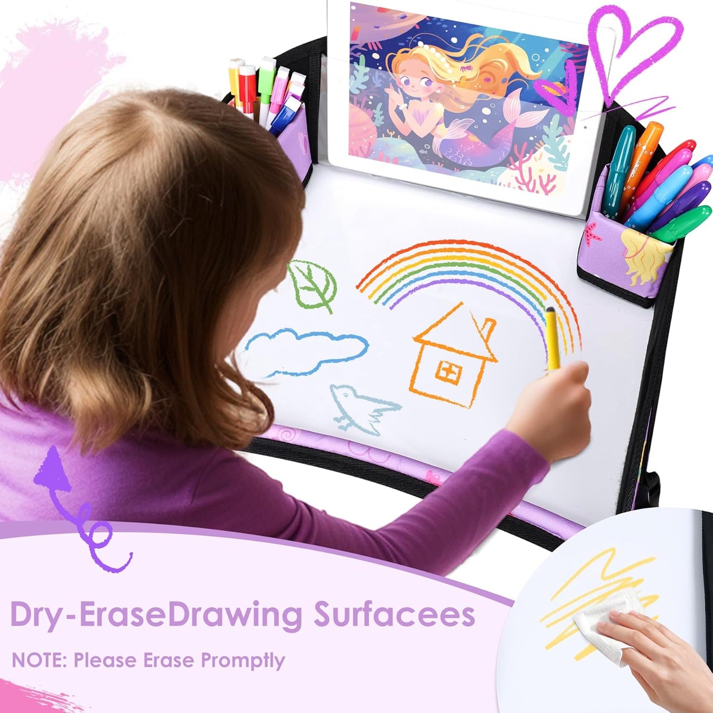 Kids Travel Tray for Car-Car Seat Tray for Kids Travel, Carseat Table Top for Toddler Road Trip Essentials With Drawing Kit, Kids Lap Desk Organizer for Car, Airplane (Purple Mermaid)