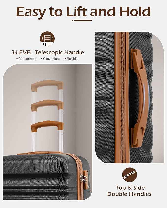 LONG VACATION 6 Piece Luggage Set Carry on Suitcase with ABS+PC hardshell, Spinner Wheels & YKK Zipper TSA Lock (BLACK-BROWN, 6 piece set)